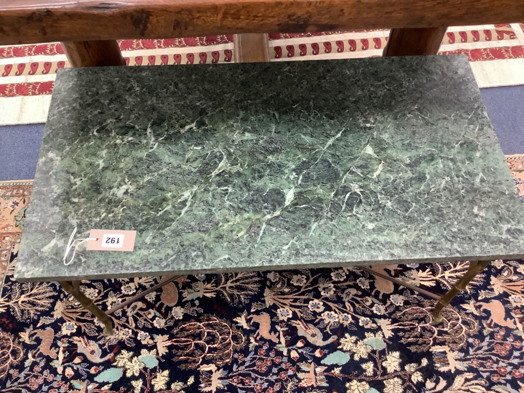 A rectangular brass marble top occasional table, width 80cm, depth 43cm, height 42cm